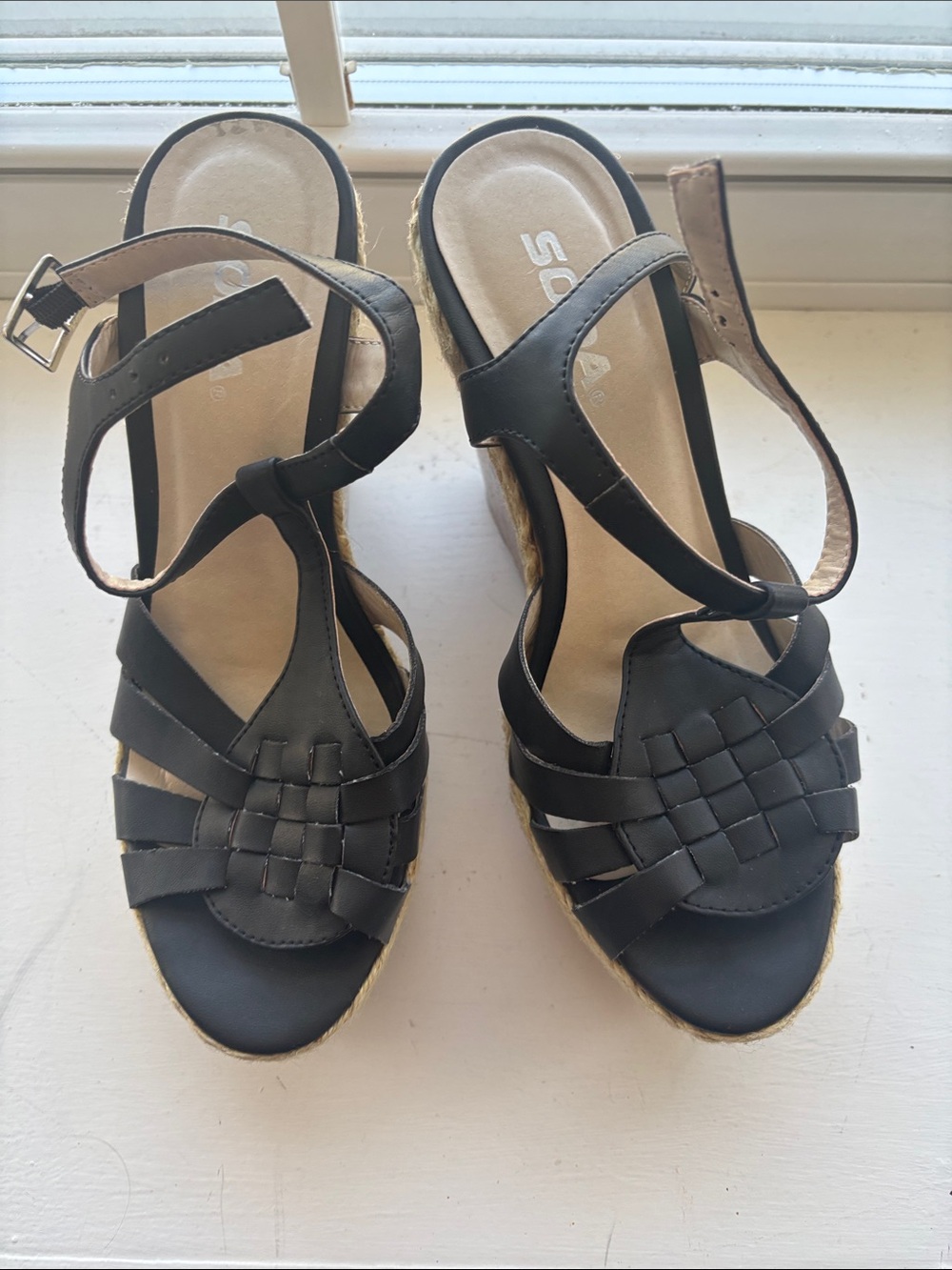Soda Black Woven Espadrille Wedge Sandals